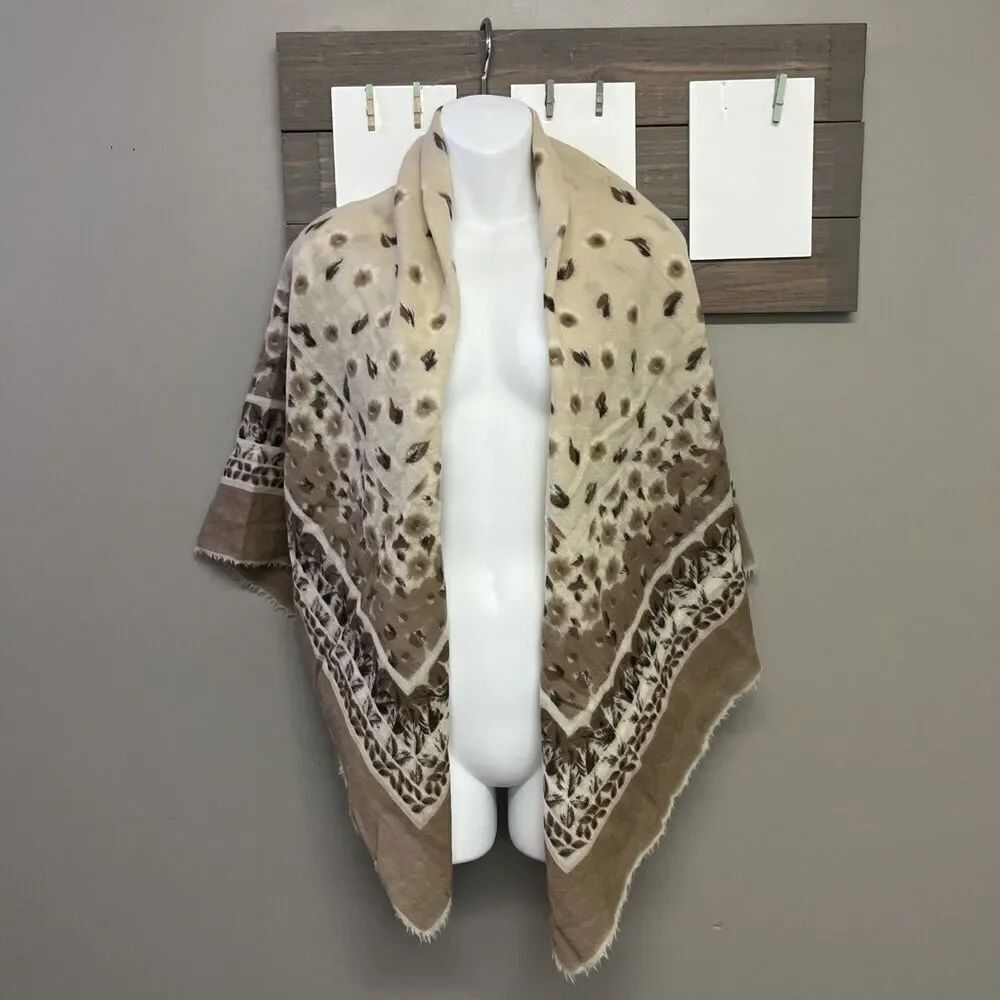 Oscar de La Renta Neutral Japan Wool Square Beautiful Floral Scarf Wrap Fringe